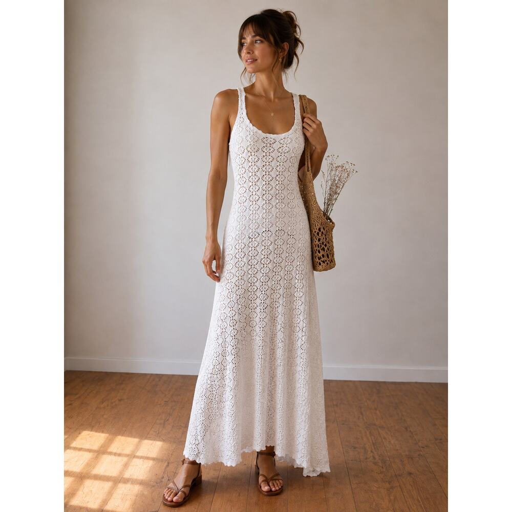 Free People Beach White Crochet Maxi Dress Racerback Cotton Boho M - Picture 4 of 10